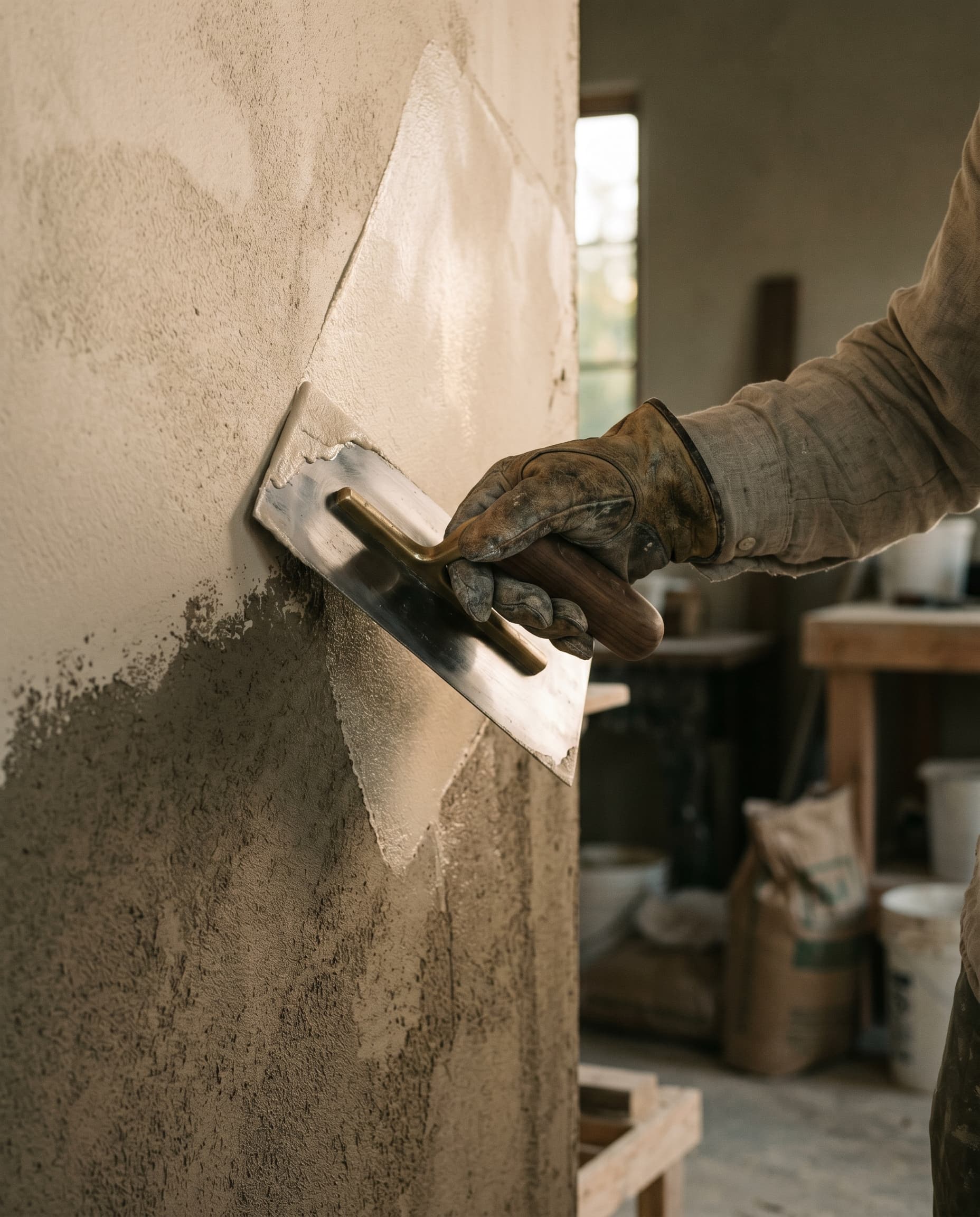 Close-up of lime plaster texture in warm afternoon light