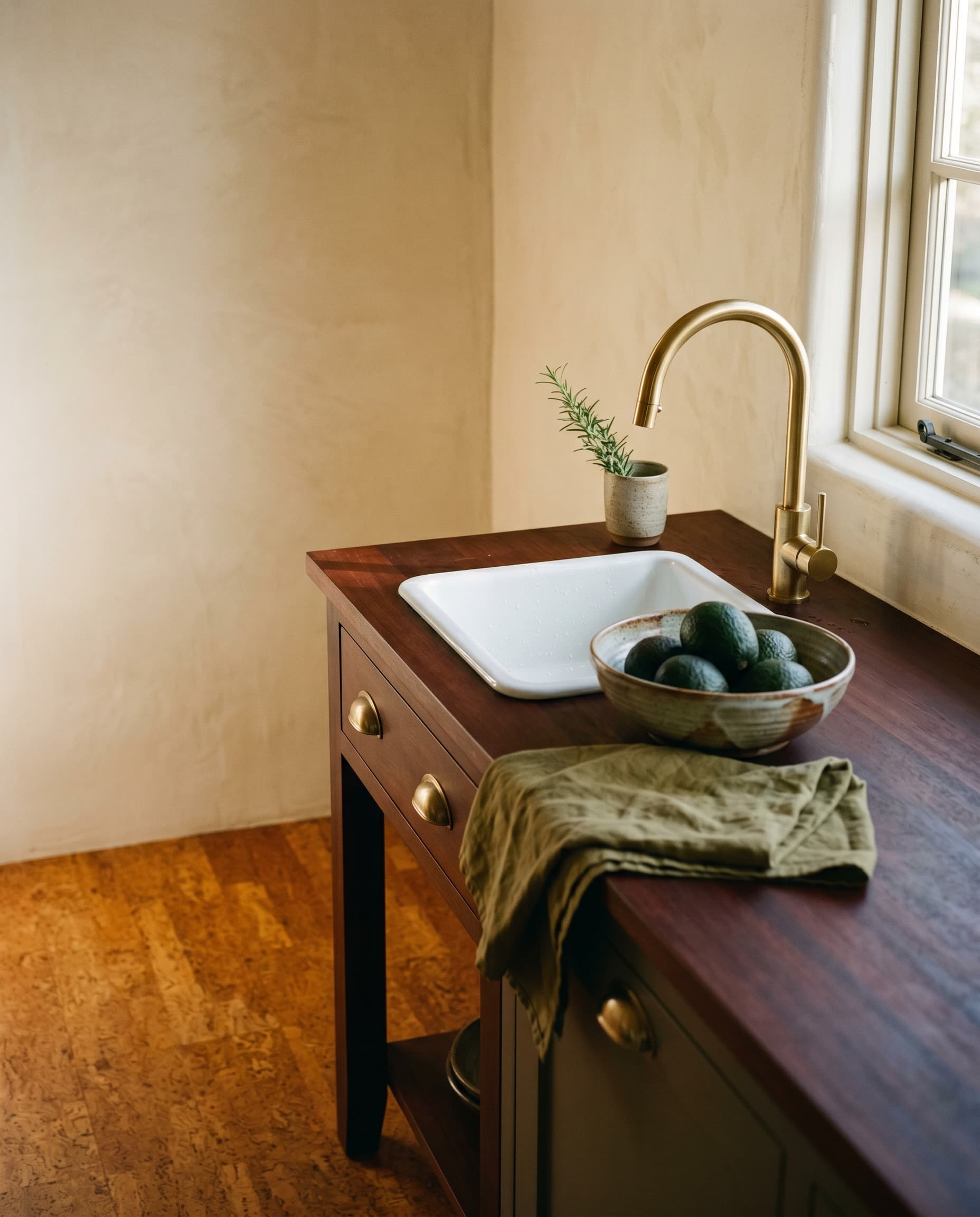 Arbolada Cottage — kitchen detail, travertine and oak