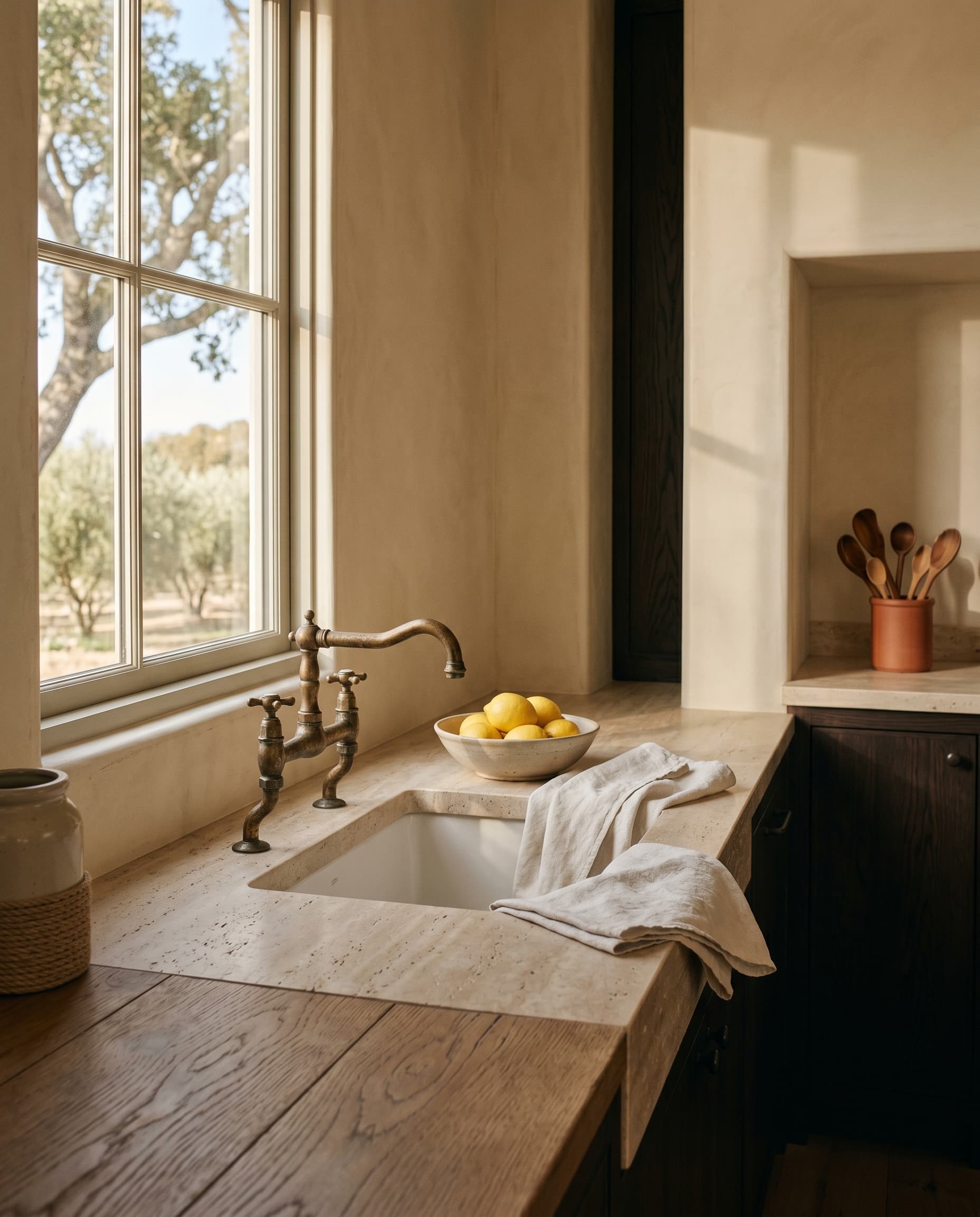 Casa de la Cresta — kitchen detail, travertine and oak