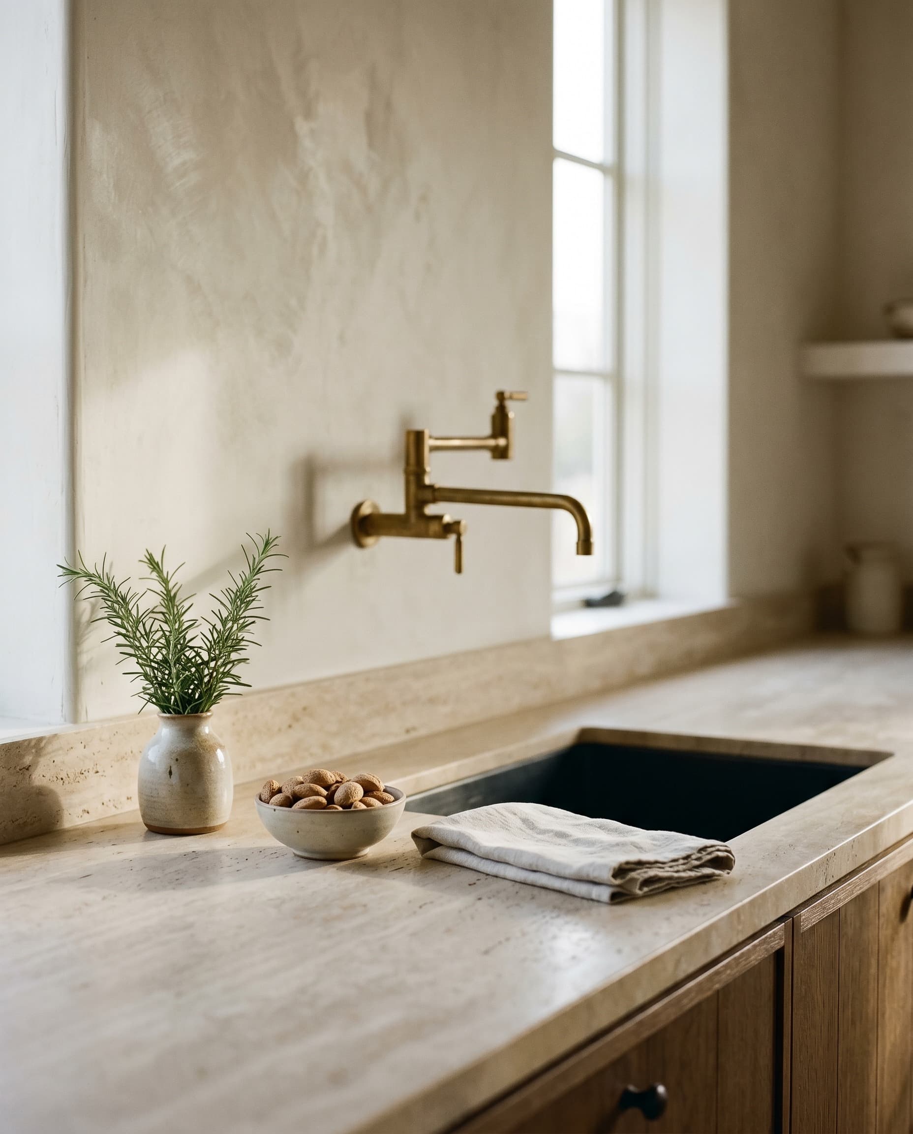 Hot Springs House — kitchen detail, travertine and oak
