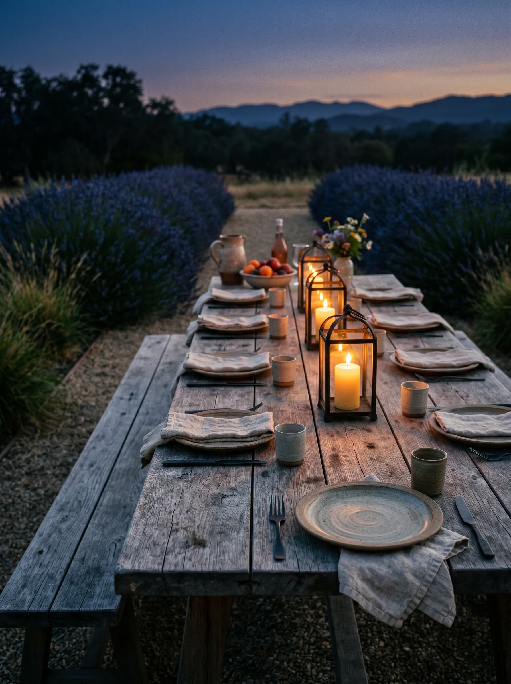 Los Olivos Farmstead — garden terrace at evening