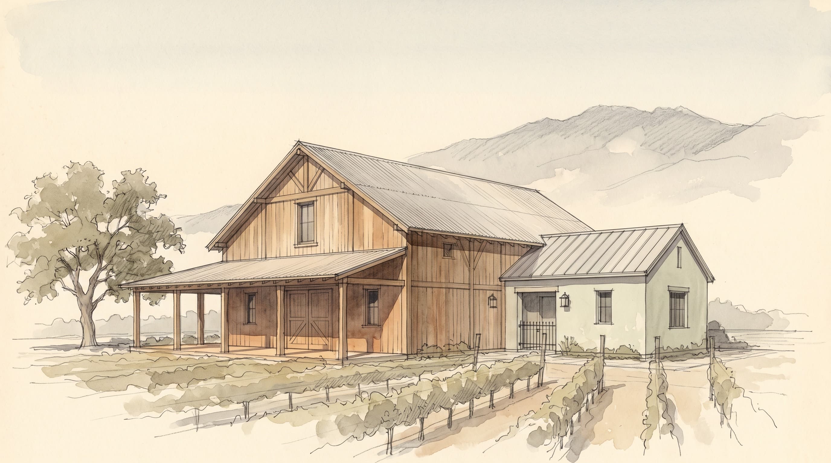 Mayacamas Vineyard Barn, St. Helena (Spring Mountain), CA — architectural render
