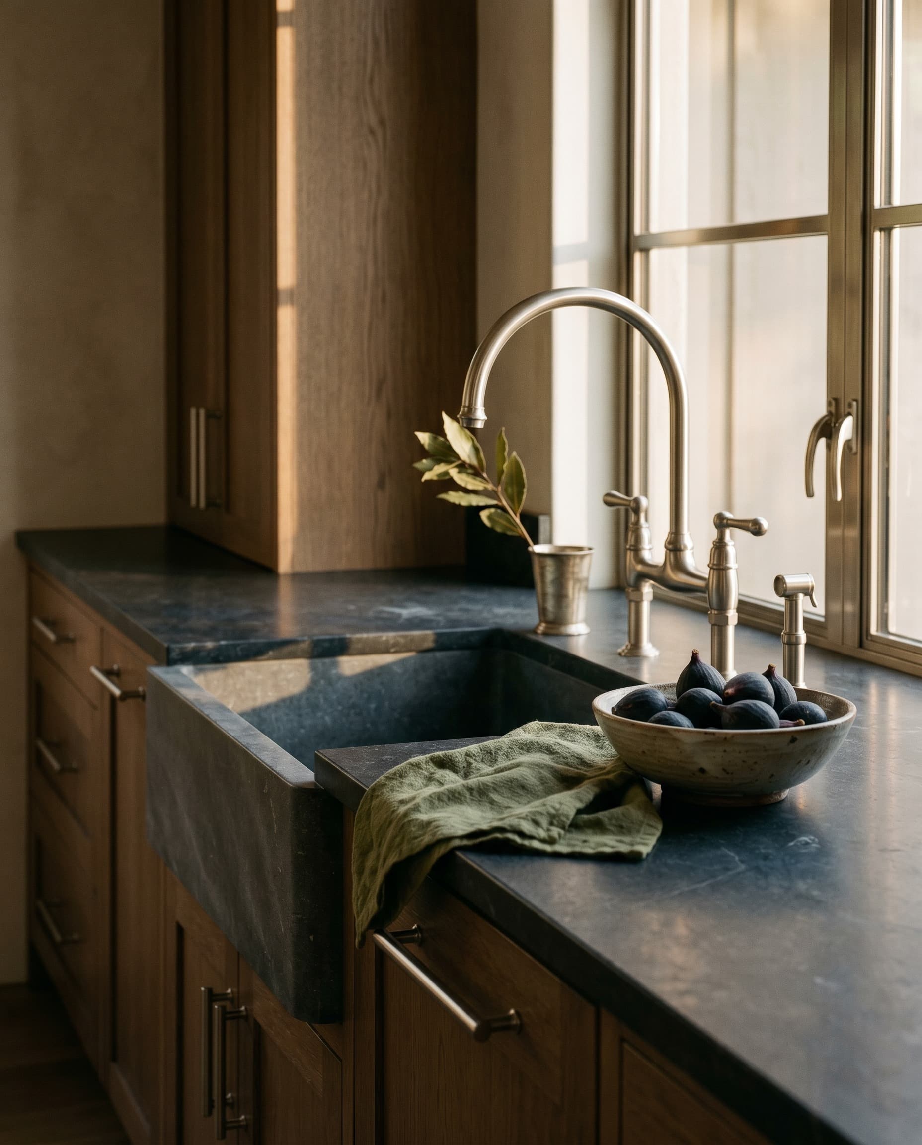 Mission Canyon Refuge — kitchen detail, travertine and oak
