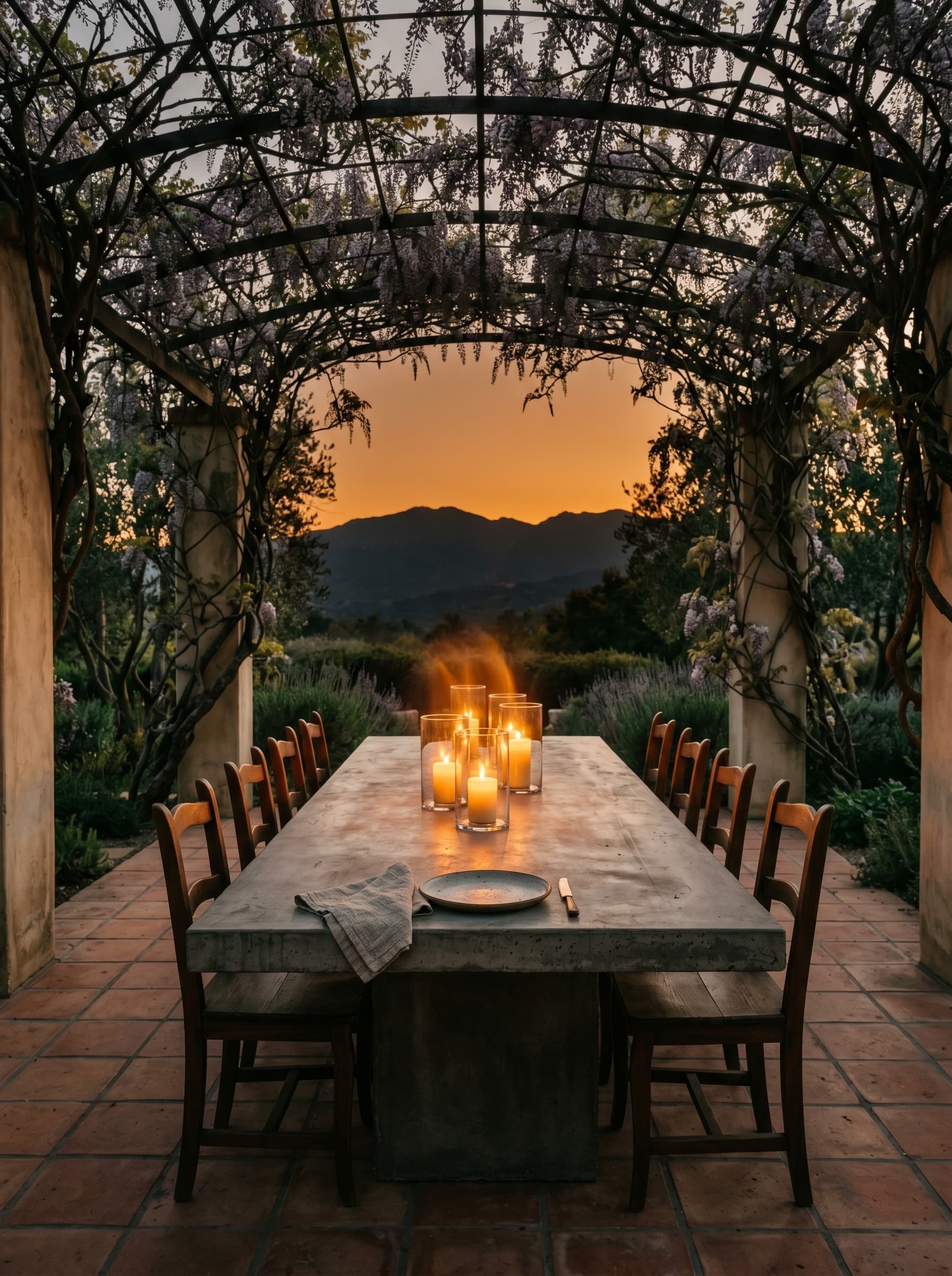 Olive Hill House — garden terrace at evening