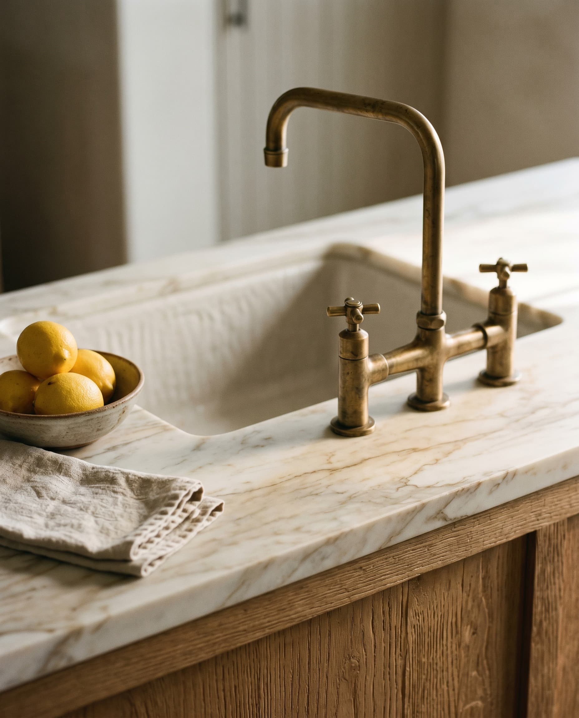 Olive Hill House — kitchen detail, travertine and oak