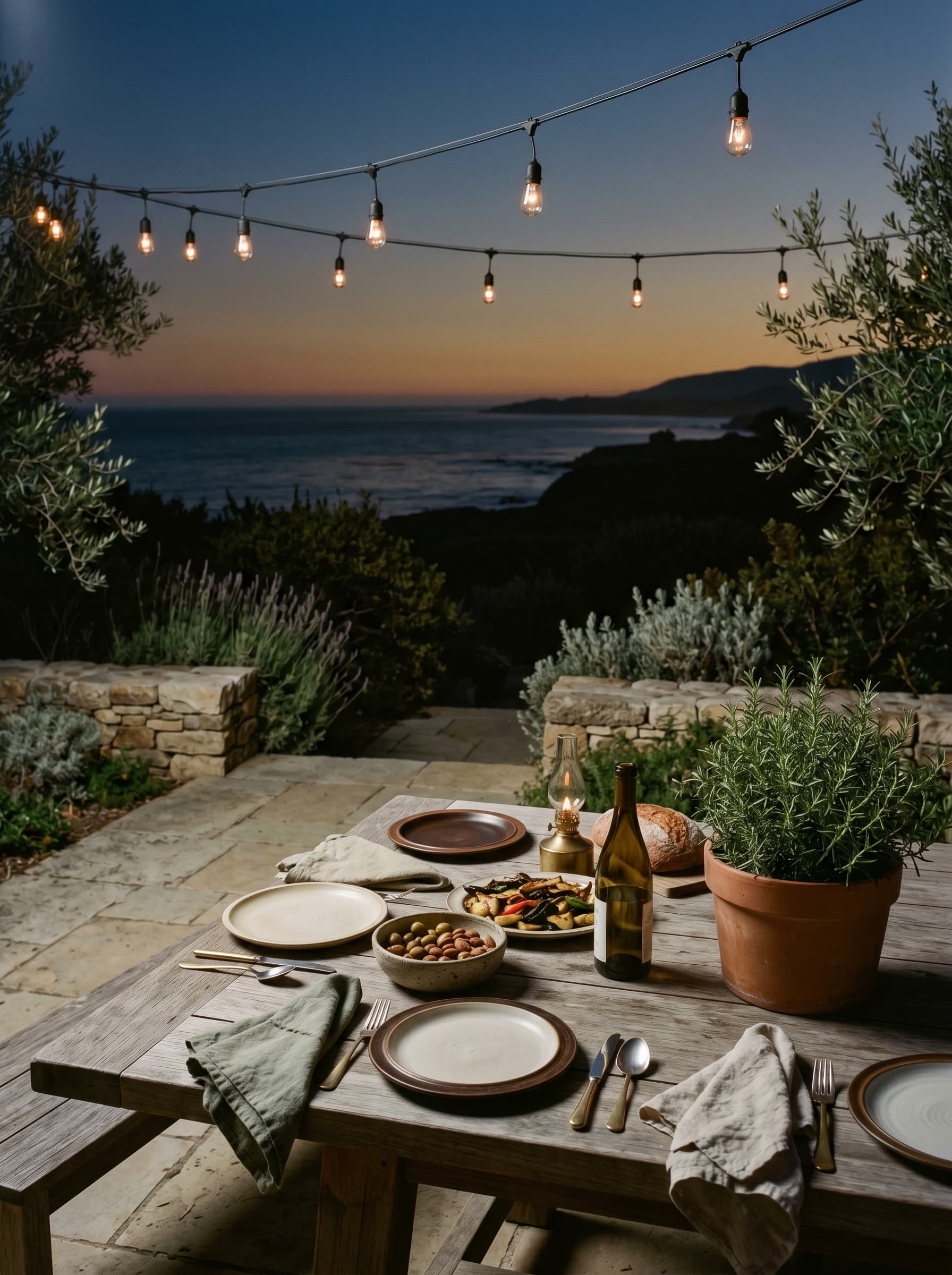 Sea Meadow — garden terrace at evening
