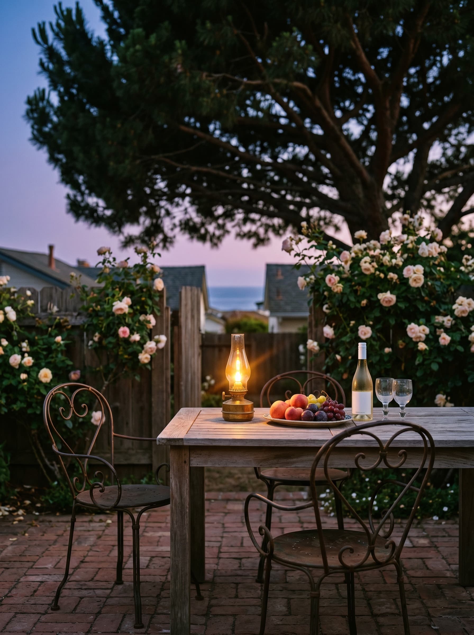 Summerland Antique House — garden terrace at evening