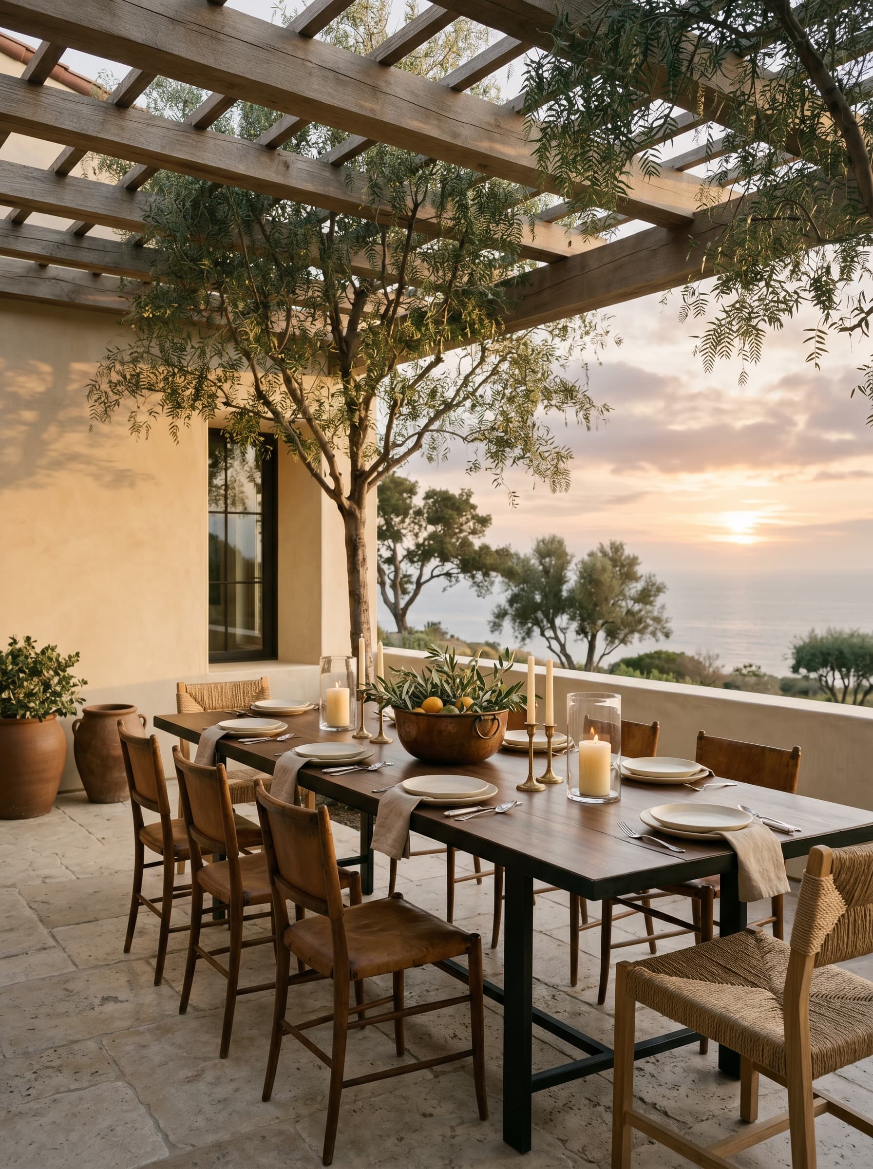 The Ridge House — garden terrace at evening