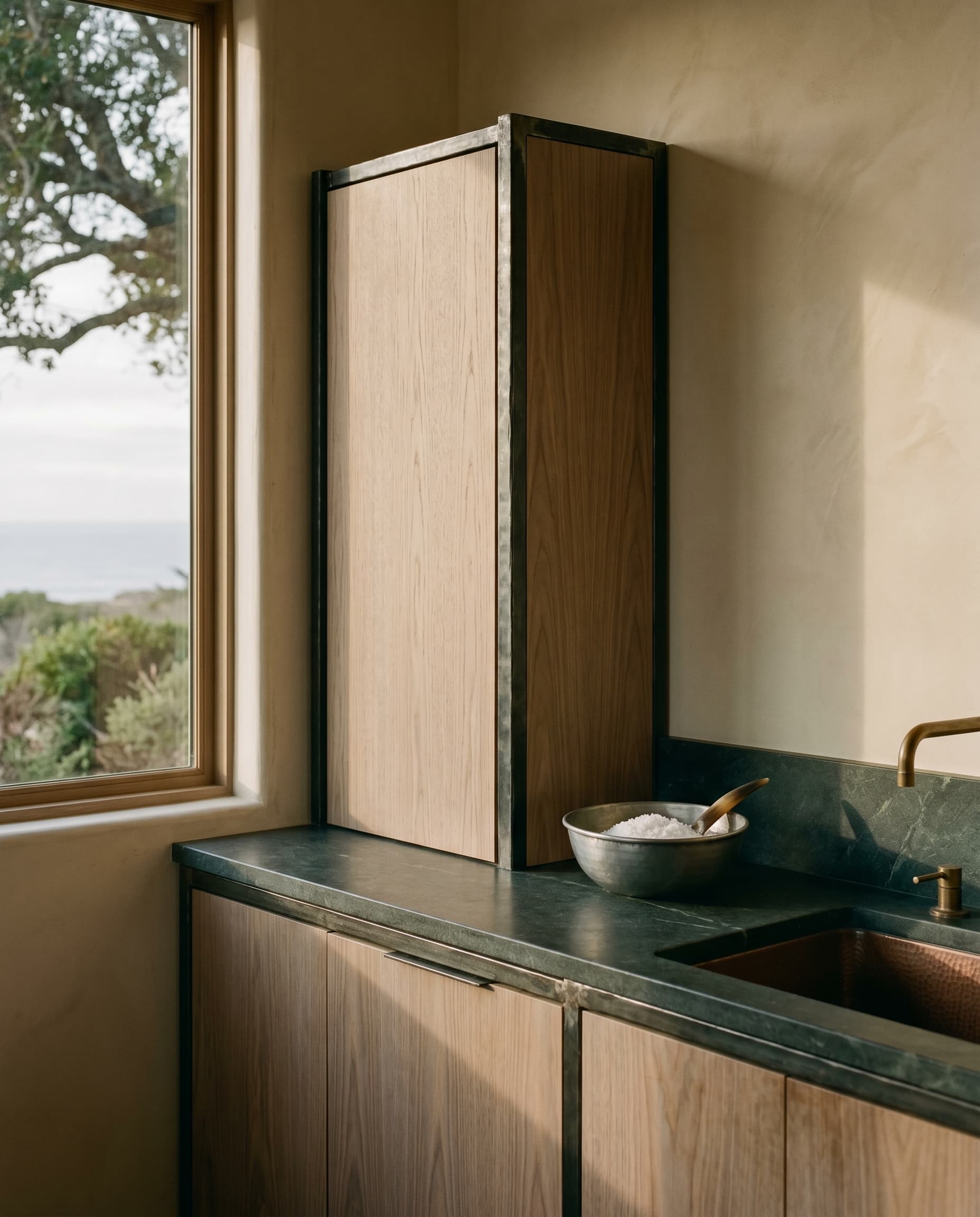 The Ridge House — kitchen detail, travertine and oak